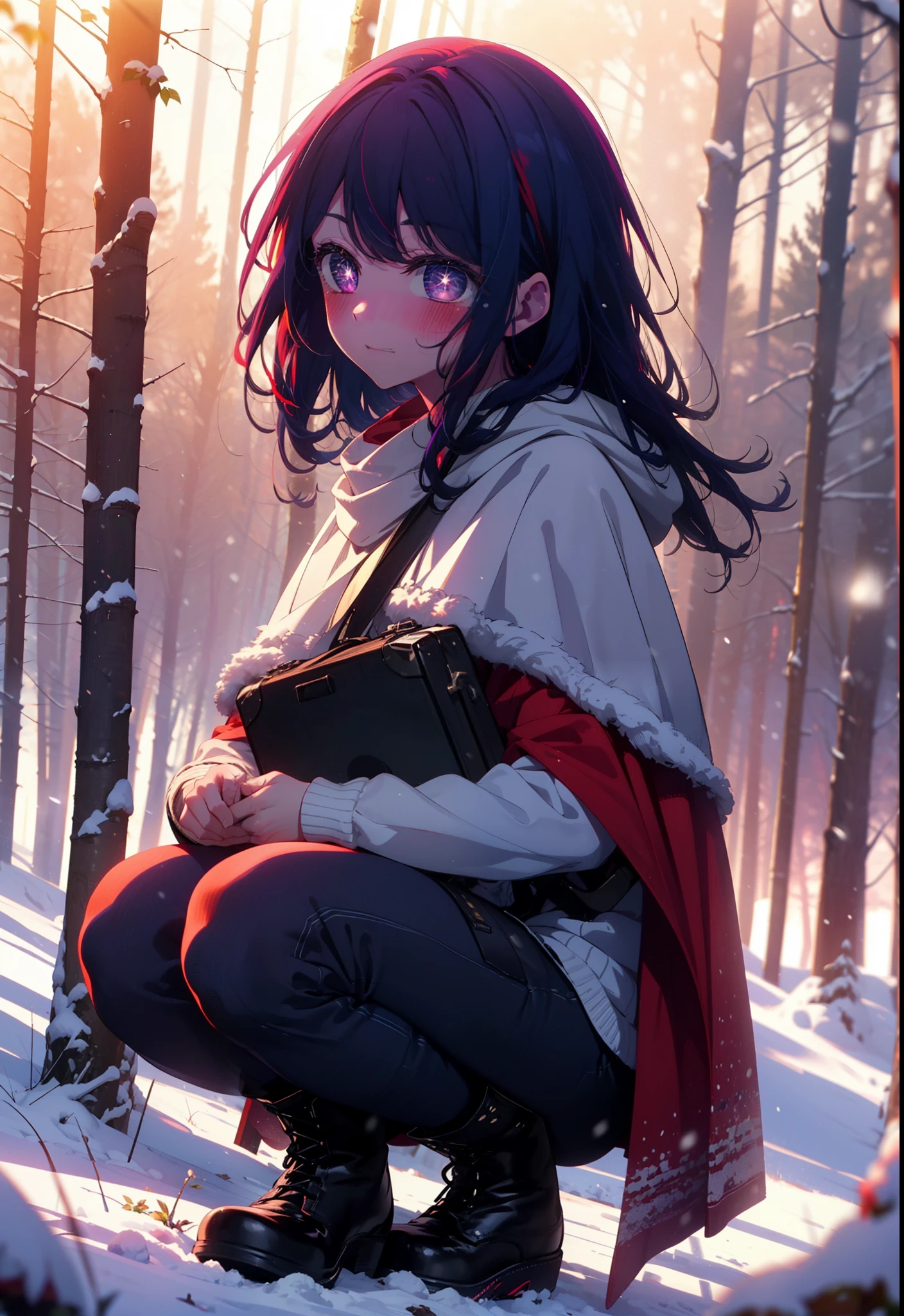 aihoshino, Ai Hoshino, Long Hair, bangs, (Purple eyes:1.1), Purple Hair, (Symbol-shaped pupil:1.5), smile,,smile,blush,white breath,
Open your mouth,snow,Ground bonfire, Outdoor, boots, snowing, From the side, wood, suitcase, Cape, Blurred, , forest, White handbag, nature, Squat, Mouth closed, Cape, winter, Written boundary depth, Black shoes, red Cape break looking at viewer, Upper Body, whole body, break Outdoor, forest, nature, break (masterpiece:1.2), Highest quality, High resolution, unity 8k wallpaper, (shape:0.8), (Beautiful and beautiful eyes:1.6), Highly detailed face, Perfect lighting, Extremely detailed CG, (Perfect hands, Perfect Anatomy),