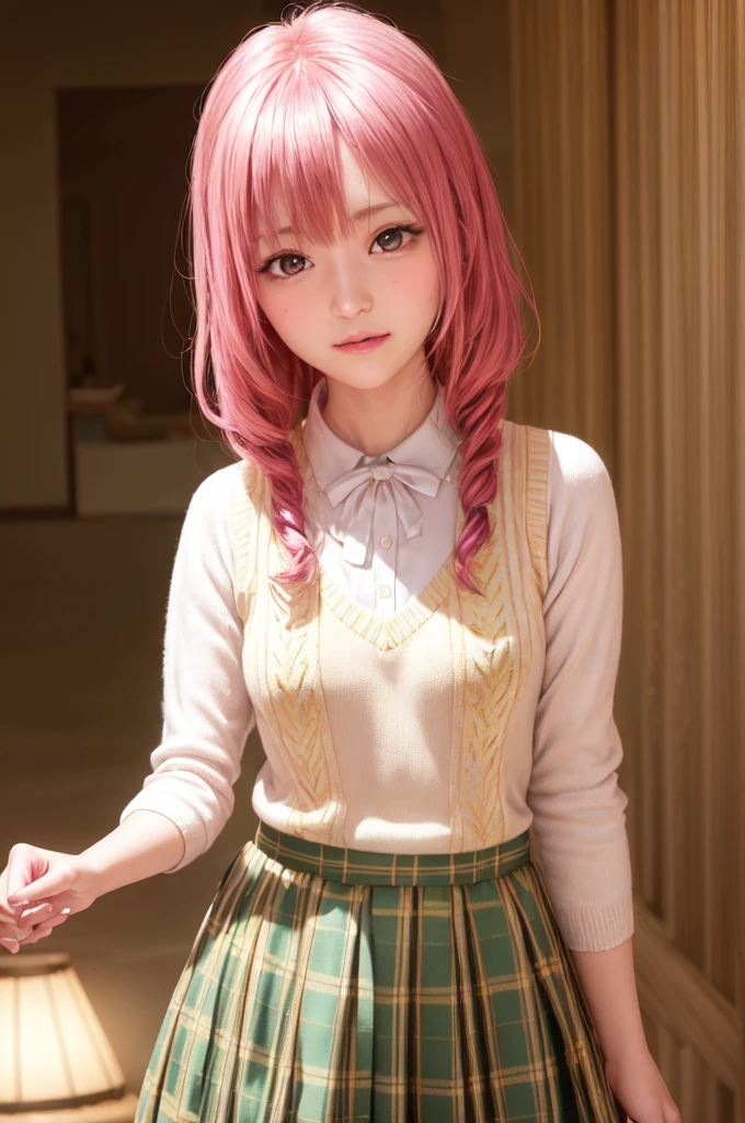 ph momo, momohd, phmomo, solo, 1girl, pink hair, purple eyes, short hair, hair flower, sweater vest, ,(yellow sweater:1.2), big eyes, plaid skirt, black thighhighs, (masterpiece:1.6, best quality), (finely detailed beautiful eyes: 1.2), ultra-detailed, illustration,beautiful detailed eyes, (yandere:1.4), (empty eyes), backlighting, looking at viewer, blush, smile, (masterpiece, finely detailed beautiful eyes: 1.2), detailed eyes, hyper detailed,light smile, highly detailed, beautiful, small details, ultra detailed, best quality, intricate, hyperrealism, sharp, digital illustration, detailed, realism, intricate, 4k, 8k, trending on artstation, good anatomy, beautiful lighting, award-winning, photorealistic, realistic shadows, realistic lighting, beautiful lighting, raytracing, intricate details, moody, rule of thirds, masterpiece, (illustration:1.1), highres, (extremely detailed CG, unity, 8k wallpaper:1.1), beautiful face, highly detailed face, ultra realistic, masterpiece, bokeh, pink hair,extremely detailed, intricate, zoomout, colorful, vibrant colors, red nail polish, side view,standing,whole body,green skirt, plaid, plaid skirt, sainan high , , skirt, sweater vest,