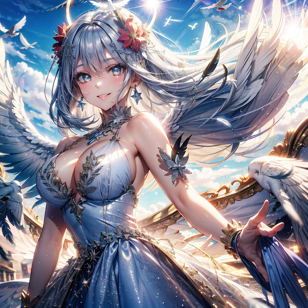 light particles, (glow light:1.2),(1 angel girl:1.2),26yo,cool, adult face,beautiful face, (close up on face:1.1),(medium small breast:1.1),(huge angel wings:1.2),(wild smile:1.2), silver long hair, silver color eyes, detailed eyes, (huge bright halo:1.2),(halo with decorations:1.2),close up on face,(jewelry on hair:1.2), (hair decoration:1.2),(glitter on dress:1.2),(detailed decoration on dress:1.2),(reflection on dress:1.2),(Strong wind blowing), flying in the sky, , (day light:1.2), (heaven on background:1.2), huge sky, a lot of clouds,(sun light:1.2), (lens flare:1.2), (a lot of silver feathers flying:1.2), ,(white doves flying:1.2)