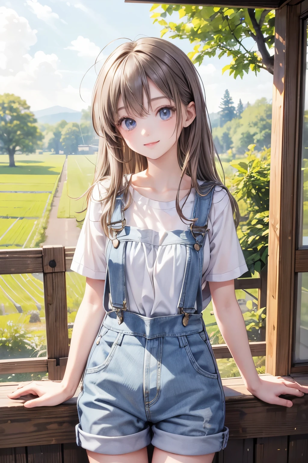 masterpiece,Highest quality,Very detailed,Looking to the side美少女,Completely naked,Overalls,(Looking to the side), ager,Perfect Face,Beautiful and detailed eyes,Beautiful Skin,skinny,Dynamic,smile,farm