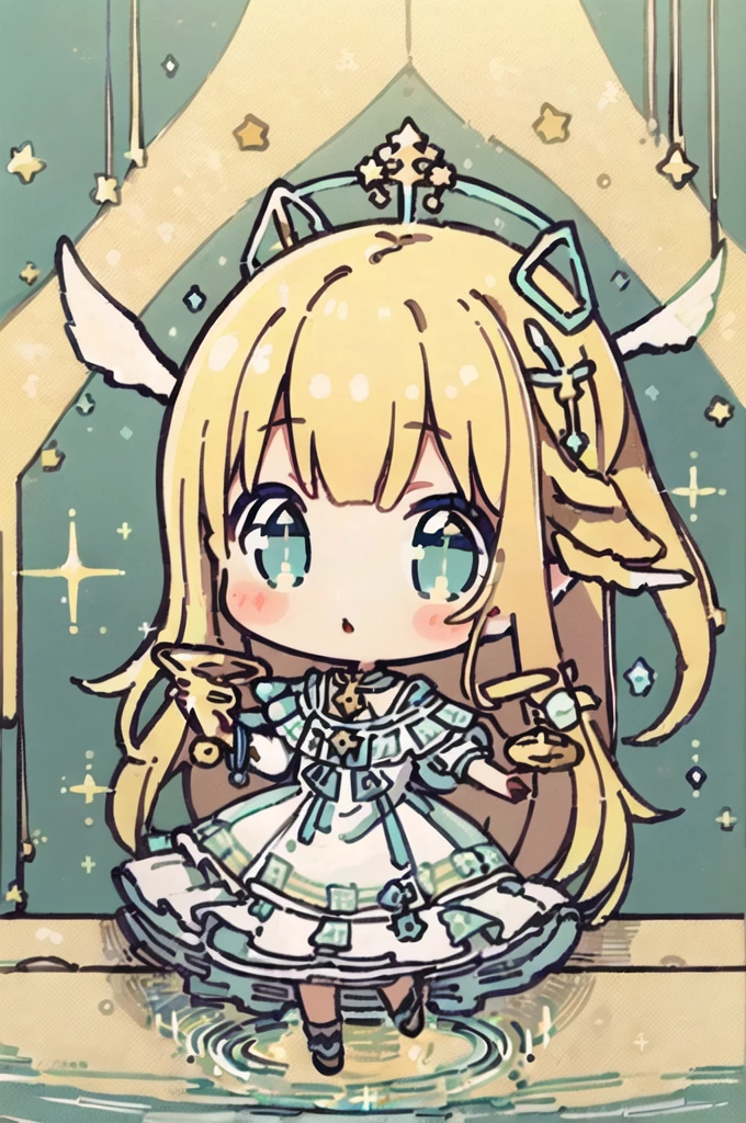(masterpiece, Highest quality, detailed:1.3),(photograph:1.3), HD transparent background, Attention to detail,cute,One Girl, cute表情,Sparkling eyes,The audience is,(small), Perfect Face,cute,Full body portrait, Blonde, Long Hair,Tarot Cards, No alcohol, ((Angel)), ((wing)), holding cup, pond of water, star,dress