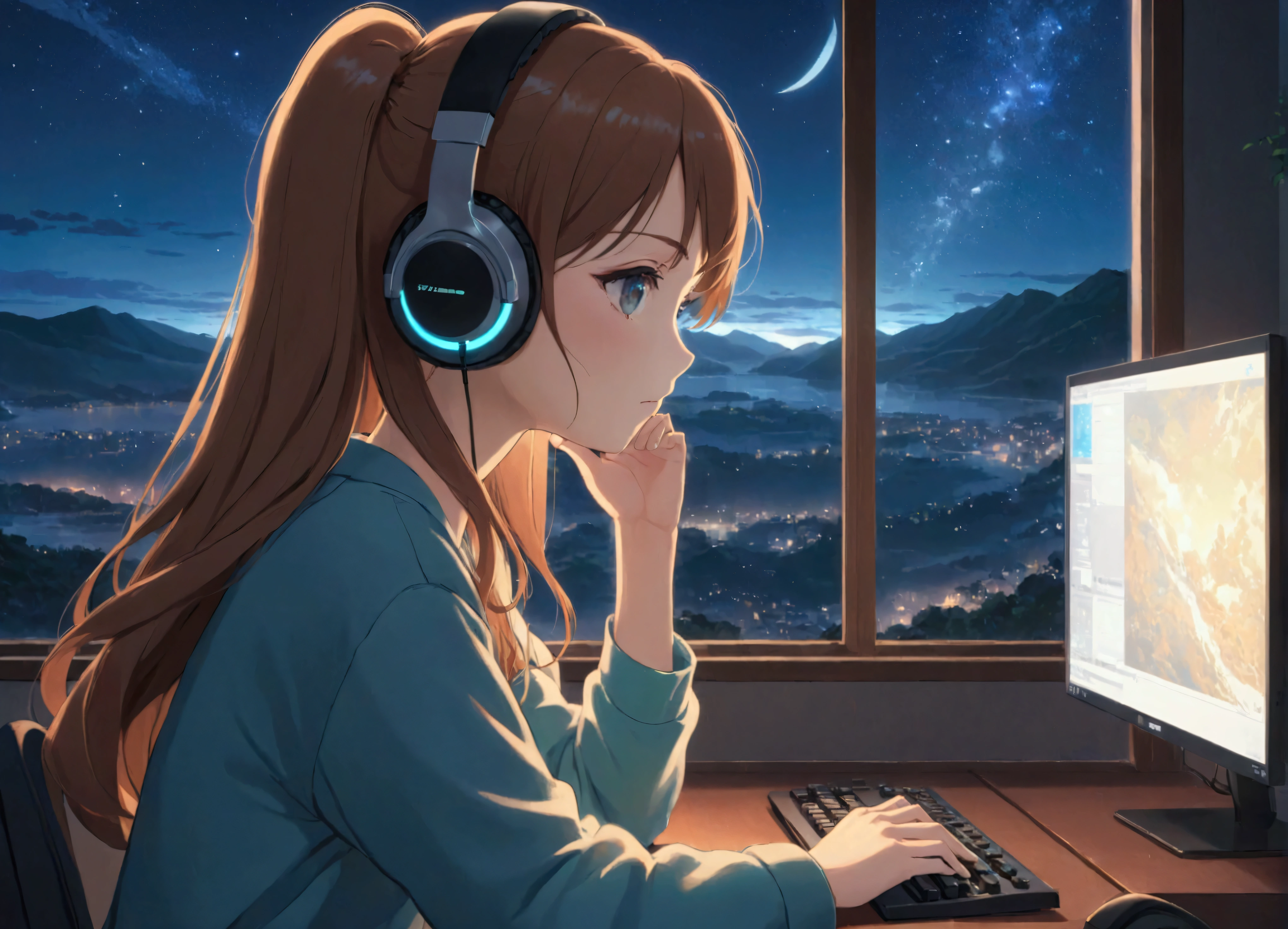 An anime illustration of a woman wearing headphones and intently looking at a PC while working on something. The scene is set by a window with a view of a nighttime , and the overall atmosphere reflects the soft, calming vibe of lofi music.