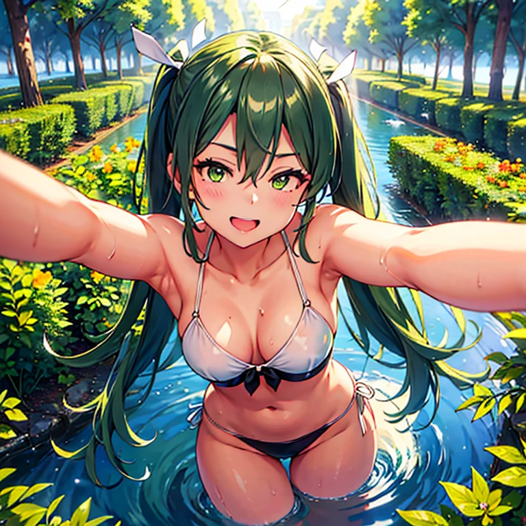 zuikaku_kantaicollection,long_hair, twintails, ribbon, hair_ribbon, green_hair, green_eyes,white_ribbon,(masterpiece:1.4),(best quality:1.4), (high quality:1.4),(hyper detailed:1.4),(exquisite:1.4), art CG,8K,1girl solo,(sunlight filtering through the trees:1.2), (splash of water:1.1),(happy smile:1.4),full body,competition swimsuit,(selfy:1.4)