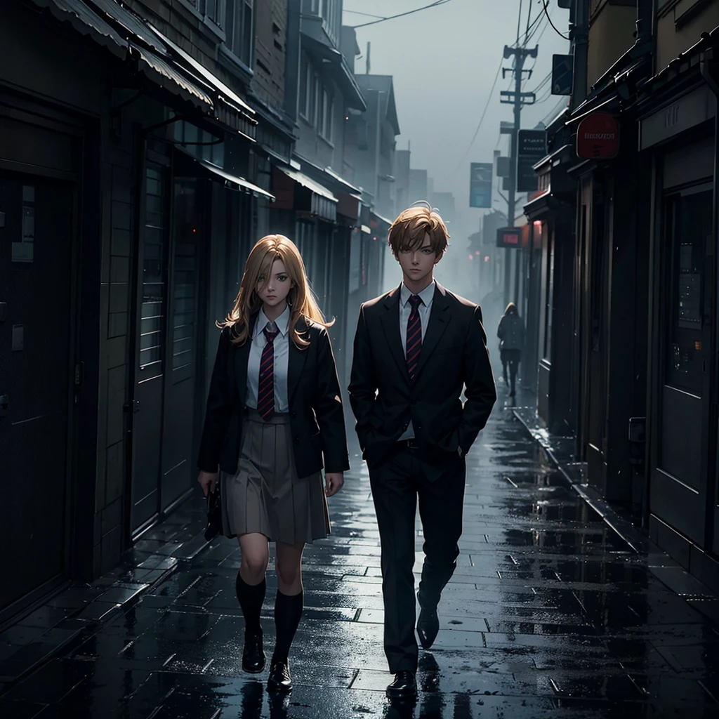 Two people, one man, with blond hair, one woman, with brown hair, wearing school uniforms, walking, dark, dark, dark atmosphere, foggy, rainy, mysterious