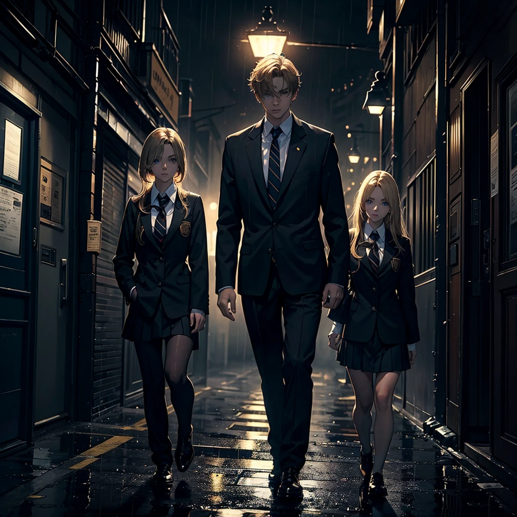 Two people, one man, with blond hair, one woman, with brown hair, wearing school uniforms, walking, dark, dark, dark atmosphere, foggy, rainy, mysterious