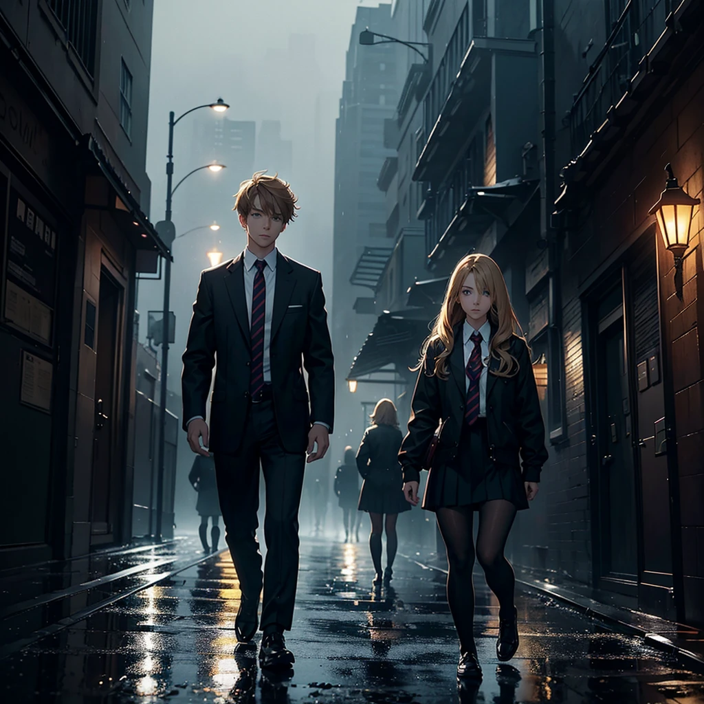 Two people, one man, with blond hair, one woman, with brown hair, wearing school uniforms, walking, dark, dark, dark atmosphere, foggy, rainy, mysterious