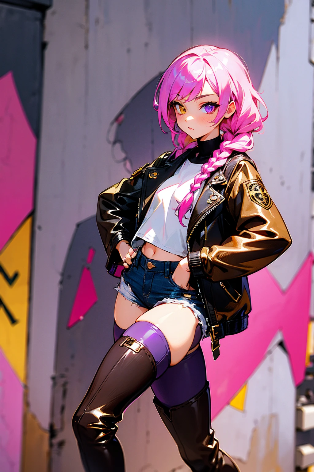 1female, pink hair, long braid, heterochromia (one purple eye, one gold eye), fitted black leather jacket, denim shorts, thigh-high boots, standing in an alley with colorful murals