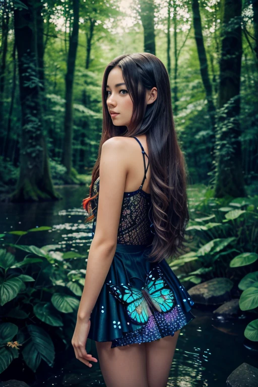 saibosenlin, 1girl, tree, scenery, nature, solo, forest, long hair, fantasy, colorful, glowing, water, bug, butterfly, flower, standing, outdoors, night, from behind, musical note,
Best quality,masterpiece,ultra high res,