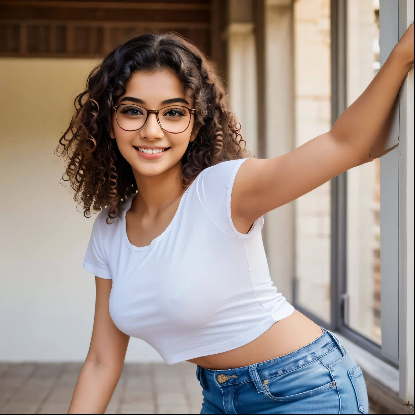 Create a image of a girl who is slim and big   and ass with fair skin and having specs nice eyes with dimples in her smile and good smile with curly hair and 5 feet 7 inches height little bit shy and wearing nice white t shirt and blue jeans age is 19 and beautiful Indian looking 