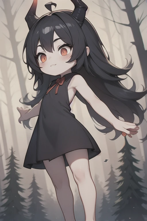 Young Girl,,Wearing a one-piece dress,Mini character,Red eyes,Black Hair,Long Hair,Dark atmosphere,Deformed character,Horns growing,Ahoge,Pale skin,eyes are half closed,Troubled face,Shoulder sticking out,Sleeveless dress,Tight-fitting clothing
