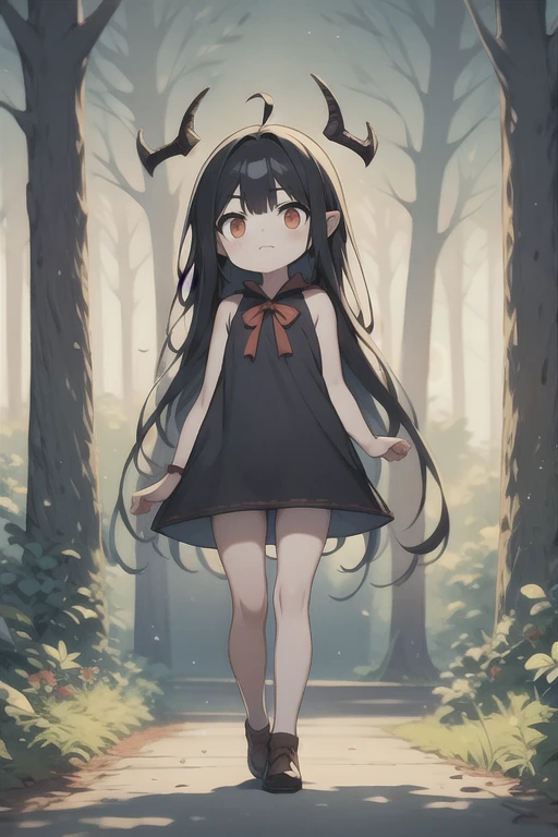 Young Girl,,Wearing a one-piece dress,Mini character,Red eyes,Black Hair,Long Hair,Dark atmosphere,Deformed character,Horns growing,Ahoge,Pale skin,eyes are half closed,Troubled face,Shoulder sticking out,Sleeveless dress,Tight-fitting clothing
