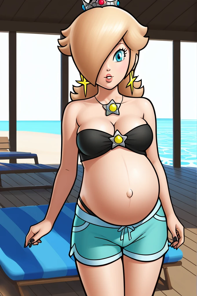 score_9, score_8_up, 1girl, solo, rosalina, style parody, thick outlines, black bikini, shorts, pregnant belly, sleeveless, strapless, cleavage, indoors, beach, front view, black nails