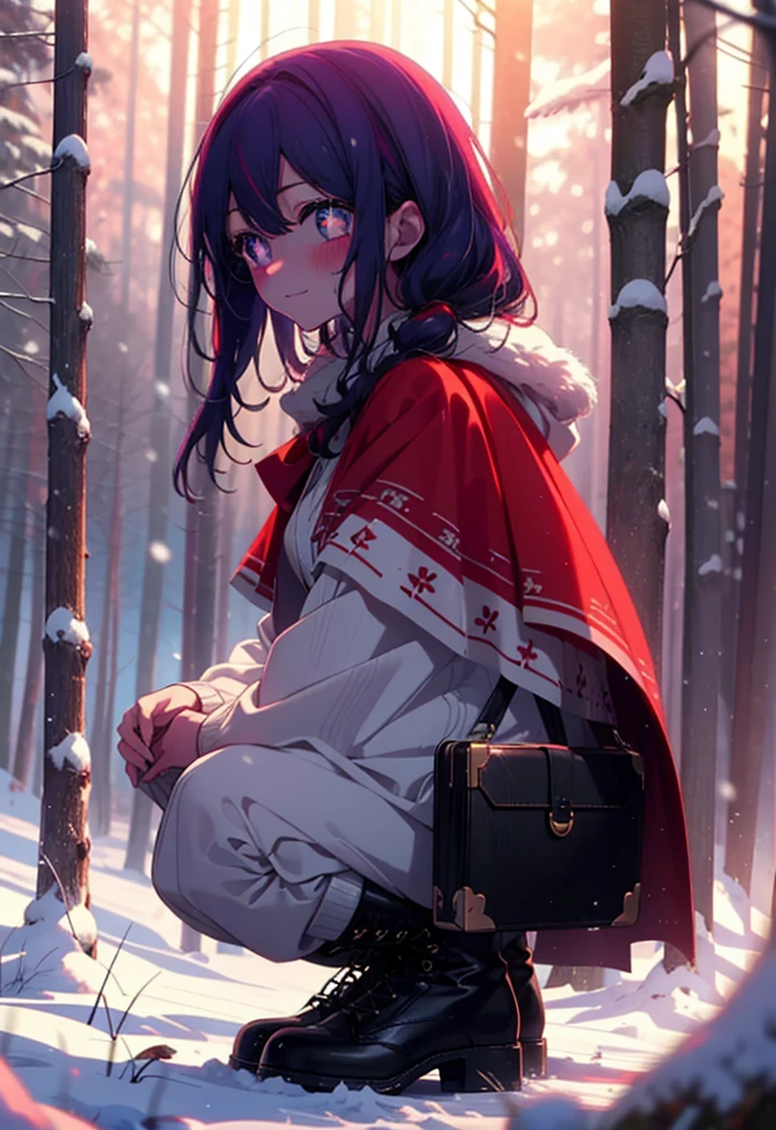 aihoshino, Ai Hoshino, Long Hair, bangs, (Purple eyes:1.1), Purple Hair, (Symbol-shaped pupil:1.5), smile,,smile,blush,white breath,
Open your mouth,snow,Ground bonfire, Outdoor, boots, snowing, From the side, wood, suitcase, Cape, Blurred, , forest, White handbag, nature, Squat, Mouth closed, Cape, winter, Written boundary depth, Black shoes, red Cape break looking at viewer, Upper Body, whole body, break Outdoor, forest, nature, break (masterpiece:1.2), Highest quality, High resolution, unity 8k wallpaper, (shape:0.8), (Beautiful and beautiful eyes:1.6), Highly detailed face, Perfect lighting, Extremely detailed CG, (Perfect hands, Perfect Anatomy),