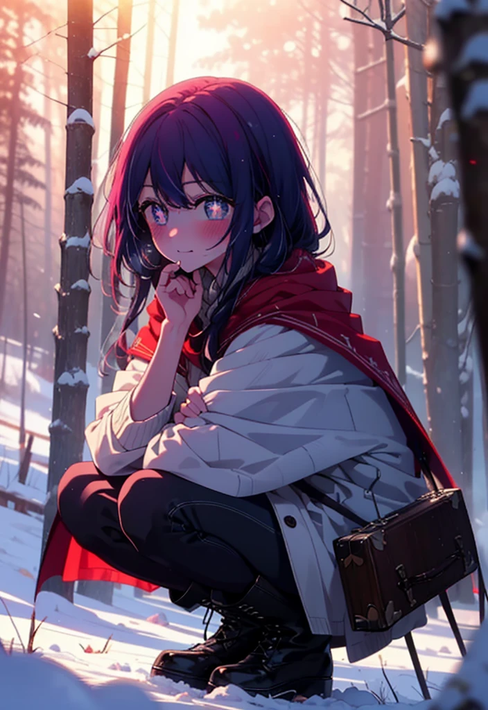 aihoshino, Ai Hoshino, Long Hair, bangs, (Purple eyes:1.1), Purple Hair, (Symbol-shaped pupil:1.5), smile,,smile,blush,white breath,
Open your mouth,snow,Ground bonfire, Outdoor, boots, snowing, From the side, wood, suitcase, Cape, Blurred, , forest, White handbag, nature,  Squat, Mouth closed, Cape, winter, Written boundary depth, Black shoes, red Cape break looking at viewer, Upper Body, whole body, break Outdoor, forest, nature, break (masterpiece:1.2), Highest quality, High resolution, unity 8k wallpaper, (shape:0.8), (Beautiful and beautiful eyes:1.6), Highly detailed face, Perfect lighting, Extremely detailed CG, (Perfect hands, Perfect Anatomy),