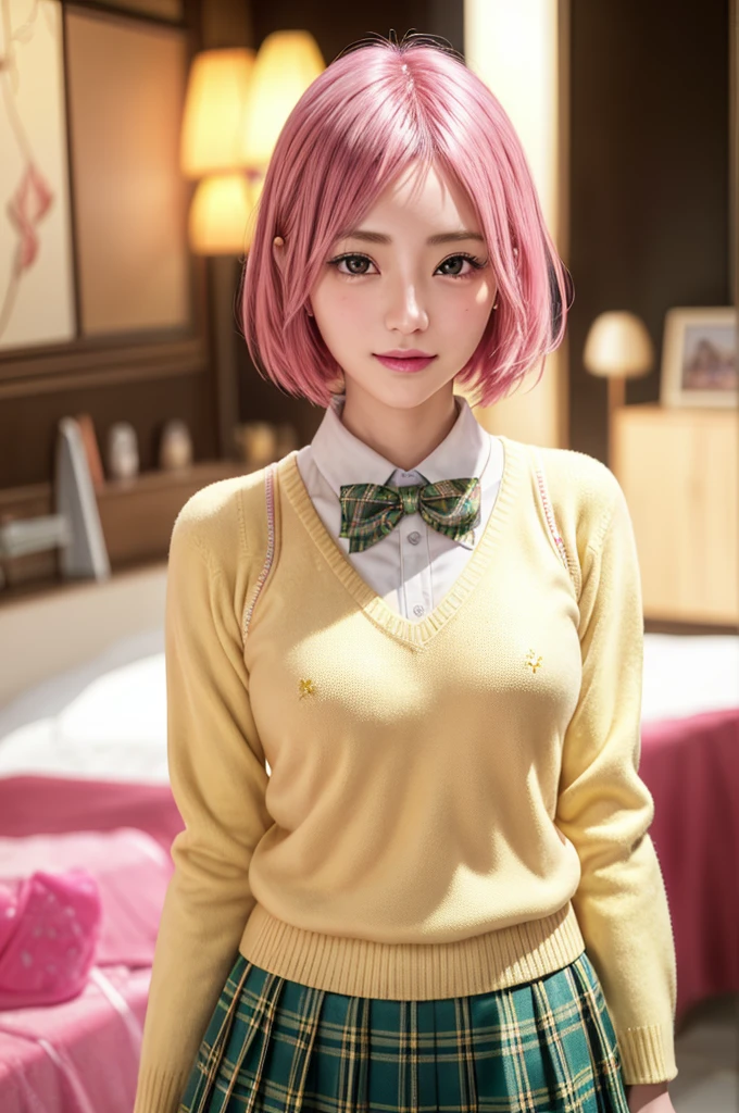 ph momo, momohd, phmomo, solo, 1girl,  pink hair, purple eyes, short hair, hair flower, sweater vest, ,(yellow sweater:1.2), big eyes, plaid skirt, black thighhighs, (masterpiece:1.6, best quality),  (finely detailed beautiful eyes: 1.2), ultra-detailed, illustration,beautiful detailed eyes, (yandere:1.4), (empty eyes),  backlighting, looking at viewer, blush, smile, (masterpiece, finely detailed beautiful eyes: 1.2), detailed eyes, hyper detailed,light smile, highly detailed, beautiful, small details, ultra detailed, best quality, intricate, hyperrealism, sharp, digital illustration, detailed, realism, intricate, 4k, 8k, trending on artstation, good anatomy, beautiful lighting, award-winning, photorealistic, realistic shadows, realistic lighting, beautiful lighting, raytracing, intricate details, moody, rule of thirds, masterpiece, (illustration:1.1), highres, (extremely detailed CG, unity, 8k wallpaper:1.1), beautiful face, highly detailed face, ultra realistic, masterpiece, bokeh, pink hair,extremely detailed, intricate, zoomout, colorful, vibrant colors, red nail polish, side view,standing,whole body,green skirt, plaid, plaid skirt, sainan high , , skirt, sweater vest,