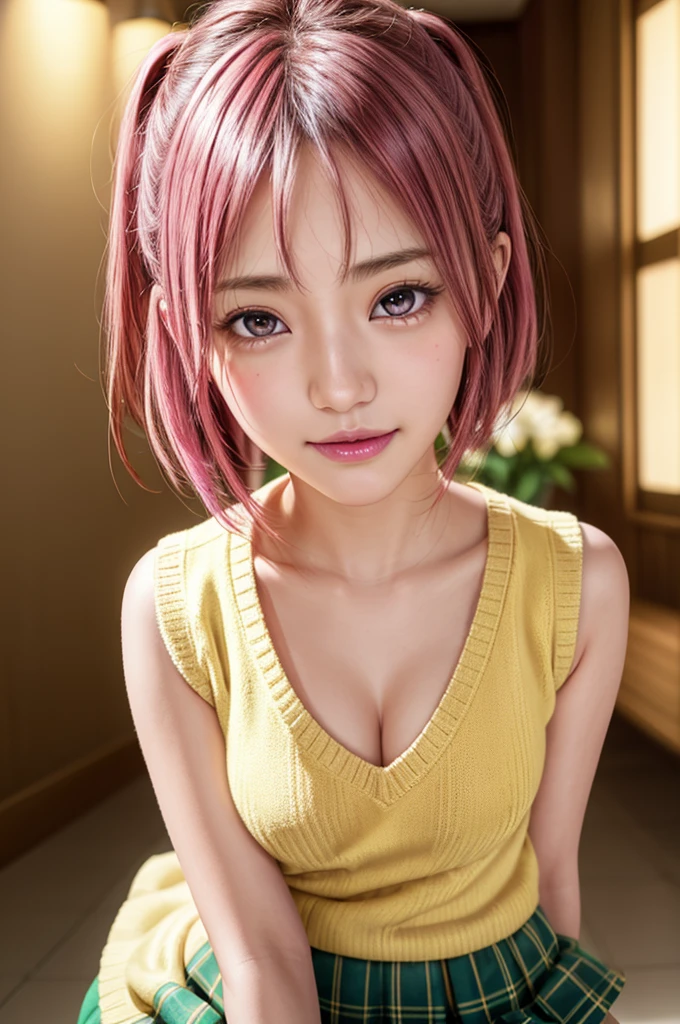 ph momo, momohd, phmomo, solo, 1girl,  pink hair, purple eyes, short hair, hair flower, sweater vest, ,(yellow sweater:1.2), big eyes, plaid skirt, black thighhighs, (masterpiece:1.6, best quality),  (finely detailed beautiful eyes: 1.2), ultra-detailed, illustration,beautiful detailed eyes, (yandere:1.4), (empty eyes),  backlighting, looking at viewer, blush, smile, (masterpiece, finely detailed beautiful eyes: 1.2), detailed eyes, hyper detailed,light smile, highly detailed, beautiful, small details, ultra detailed, best quality, intricate, hyperrealism, sharp, digital illustration, detailed, realism, intricate, 4k, 8k, trending on artstation, good anatomy, beautiful lighting, award-winning, photorealistic, realistic shadows, realistic lighting, beautiful lighting, raytracing, intricate details, moody, rule of thirds, masterpiece, (illustration:1.1), highres, (extremely detailed CG, unity, 8k wallpaper:1.1), beautiful face, highly detailed face, ultra realistic, masterpiece, bokeh, pink hair,extremely detailed, intricate, zoomout, colorful, vibrant colors, red nail polish, side view,standing,whole body,green skirt, plaid, plaid skirt, sainan high , , skirt, sweater vest,