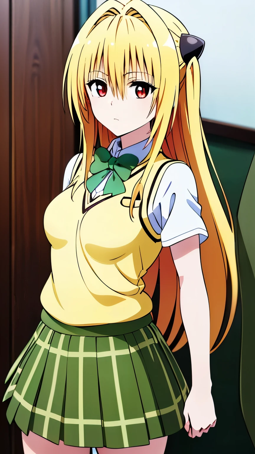 (anime),(1girl),(alone), konjiki no yami, (alone), long hair, blonde hair, hairpins, red eyes, very long hair, hair shots, (expressionless, calm:1.5), solo, ((green bow tie:1.1) , (white shirt:1.2), vest, (yellow vest:1.4), (short sleeves:1.2), (plaid skirt:1.3), (green skirt:1.3), (medium breasts:1.0), narrow waist, 
round butt, hair between eyes, hair ornament, two sides up, bangs, cowboy shot, dynamic stance, ultra detailed, detailed eyes, sharp focus, masterpiece, standing, perfect hands, perfect anatomy, floating hair, to love- ru, looking forward, ((focus on breasts)), perfect anatomy, perfect hands, (looking at viewer), 