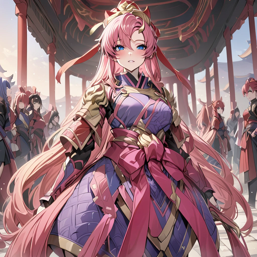 ((Highest quality)), ((masterpiece)), (detailed), (Perfect Face)、The female ancient Chinese warrior is Lacus Clyne, with blue eyes, pink medium-long hair, and is wearing gorgeous ancient Chinese warrior gear and a gorgeous headdress.、There were female military commanders in the palaces of ancient China