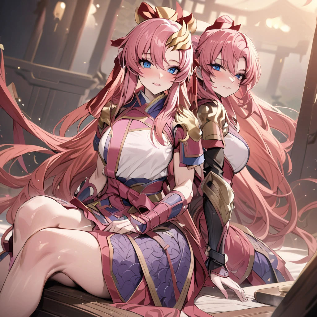 ((Highest quality)), ((masterpiece)), (detailed), （Perfect Face）、The female ancient Chinese warrior is Lacus Clyne, with blue eyes, pink medium-long hair, and is wearing gorgeous ancient Chinese warrior gear and a gorgeous headdress.、There were female military commanders in the palaces of ancient China