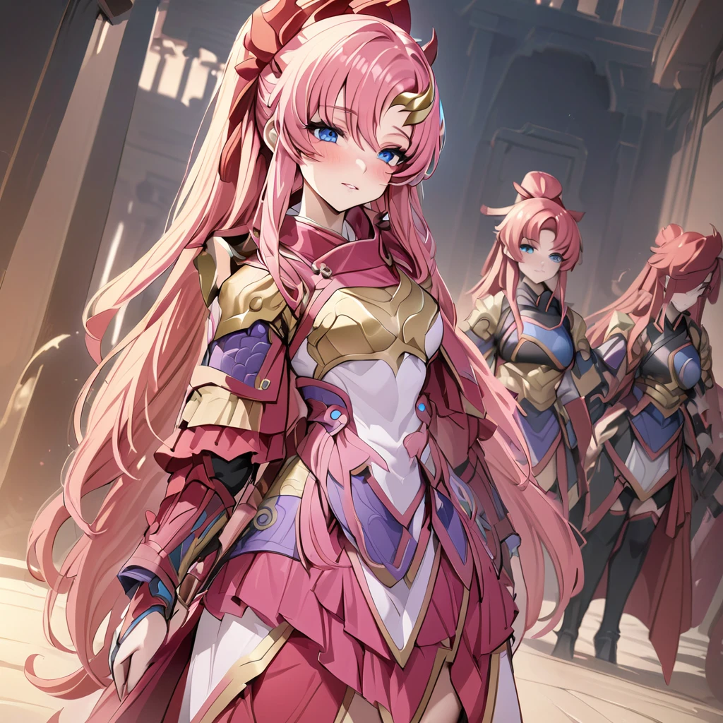 ((Highest quality)), ((masterpiece)), (detailed), (Perfect Face)、The female ancient Chinese warrior is Lacus Clyne, with blue eyes, pink medium-long hair, and is wearing gorgeous ancient Chinese warrior gear and a gorgeous headdress.、There were female military commanders in the palaces of ancient China