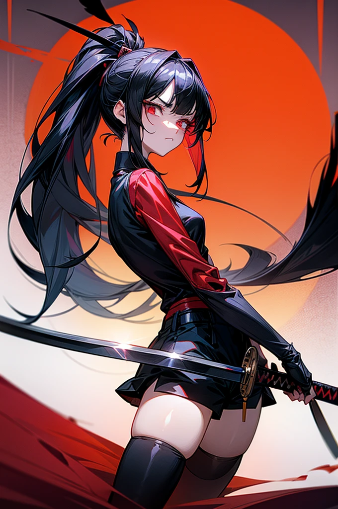 Anime lady, crimson eyes, long eyelashes, long raven black hair, long ponytail, fringe in middle of face, one strand of hair trailing down left cheek, hair framing face, black suit, black shorts, black thigh-high socks, ankle leather boots, heeled boots, cold expression, dismissive, standing, holding katana in one hand, long katana, katana glowing red, detailed background, black and red sky, white moon, back light, detailed shading, detailed lighting