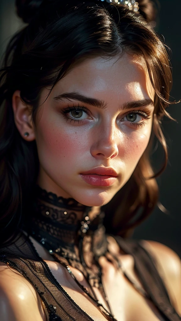 (((ultra realistic))) Photo, masterpiece, top quality, (pale skin), (Ultra detailed face and eyes:1.3), Indian 1 girl, in a beautiful black(goldon embroidery)dress, (Eye makeup, mascara) , (a close up portrait of a beautiful woman with long brown messy bun, curly hair on face), cgi, doll, plastic, wearing a black dress, gorgeous detailed face, extremely beautiful delicate features, piercing eyes, luscious lips, flawless skin, stunning portrait, high quality, cinematic lighting, photorealistic, masterpiece, dramatic depth of field, soft elegant expression, elegant and serene, professional portrait photography, beautiful model, gorgeous female portrait, incredible realismof field, bokeh, (special attention to skin detail: 1.2), Detailed leather texture, skin pores. ((side angle portrait, viewing towards the camera)) , ultra detialed,
