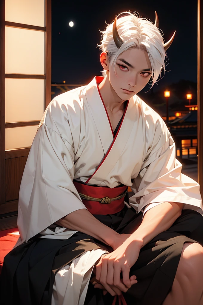 Young man seated in front of a round Japanese-style window, Japanese temple, demon, oni, horns, kimono, long eyelashes, tousled white hair, red eyes, demon tail, detailed eyes, detailed hair, detailed face, night, moon, dancing shadow.