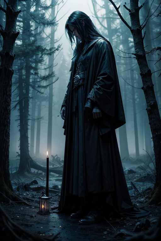 Create an evocative and haunting image inspired by Soap&Skin's "Me and the Devil." This visual should encapsulate the song's dark and mystical atmosphere, blending traditional blues motifs with modern, minimalist design elements.
Color Scheme and Lighting:
Utilize a palette of cool, muted colors such as deep blues, grays, and blacks to evoke a sense of melancholy and introspection. The lighting should be soft and diffused, creating shadows and highlights that add depth and mystery to the scene. Consider a moonlit night setting, where the moon casts an eerie, silvery light over the landscape.
Background:
Design a desolate, nocturnal landscape as the background. This could be an empty, fog-covered crossroad or a dense, dark forest with twisted, bare trees. These elements should symbolize the themes of the song and add a sense of foreboding. You could also include features of an old, rural environment, such as a weathered wooden cabin or a rickety fence, to enhance the traditional blues influence.
Central Elements:
In the center, place a solitary figure that embodies the song's introspective and haunting nature. This figure can be a shadowy silhouette or a more detailed, melancholic character with expressive features. The expression should be one of deep contemplation or sorrow, reflecting the emotional weight of the song.
Symbolic Details:
Include subtle, symbolic details that tie back to the song's themes and blues origins. An old guitar leaning against a tree or lying on the ground can represent the musical roots. A small, flickering lantern or candle can symbolize a glimmer of hope amidst the darkness. Additionally, incorporate elements like ravens or crows perched on branches, adding to the gothic, eerie ambiance.
Text and Typography:
Integrate a line from the song, such as "Hello Satan, I believe it's time to go," using a delicate, handwritten font that blends seamlessly with the overall design. The text should be positioned in a way that doesn't dominate th