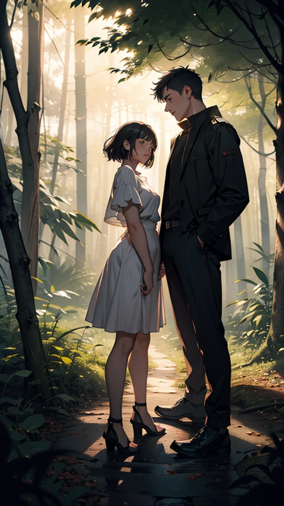 A couple is romancing in the forest. The couple is wearing short clothes. The girl has big hips. It is evening and leaves are falling from the trees.
