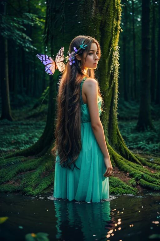 saibosenlin, 1girl, tree, scenery, nature, solo, forest, long hair, fantasy, colorful, glowing, water, bug, butterfly, flower, standing, outdoors, night, from behind, musical note,
Best quality,masterpiece,ultra high res,