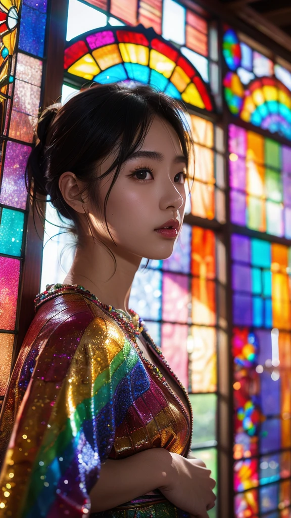 SFW 14yo, concept art, (PICHIPICHI KAWAII junior idol), (Detailed Delicate lace knitted white clothes), (nipple:-0.9), face closeup, (Elaborate stained glass Background:1.37), (((Renbutsu Misako), colorful Light shines through delicate stained glass:1.2, vivid red colors, Luminous Particles, light Particles))(Acutance:0.8). (ProfessionalPhoto:1.2),(ultra-detailed:1.37), (Extremely detailed KAWAII face variations, innocent expression variations), rosy cheeks, intricate detailed eyes with sparkling highlights, long eyelashes with volume, subtle blush on the face. Mystic sight, haze, Impeccable Radiant PearlSkin with Transparency, captivating gaze, ((Dynamic-angle)), whole Body proportions and all limbs are anatomically accurate . (Exposed:0.64)