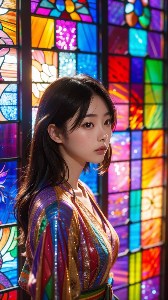 Highest quality, 8k resolution, masterpiece, Professional photography, 20 year old Japanese woman, The background is an intricate and colorful stained glass window, Enchanting atmosphere, Rainbow Glass