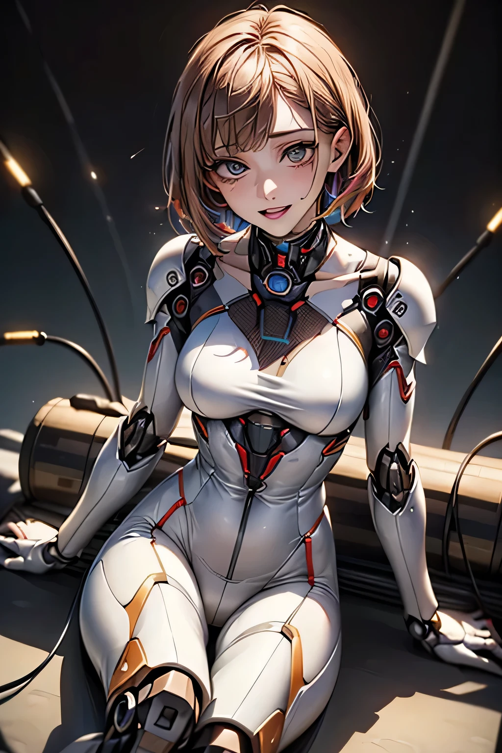 (((Sparks fly))), (((Highest quality))), ((Very detailedな)), (High-definition CG illustrations), ((Very delicate and beautiful)), Cinematic Light,((1 Mecha Woman)),alone,mature,(Ahegao),Big and ample breasts,Plump, whole body,(Machine made joints:1.2),((Mechanical marginal vessels connected to tubes),((Cervical vertebrae mechanically attached to the neck)),(((The crotch is open))),(Sitting),(wires and cables around the neck:1.2),(Overhead Wires and Cables:1.2)(Character Focus),sf,((Very detailed,colorful)),Best details, ((background:Basement for storing electronic devices))
