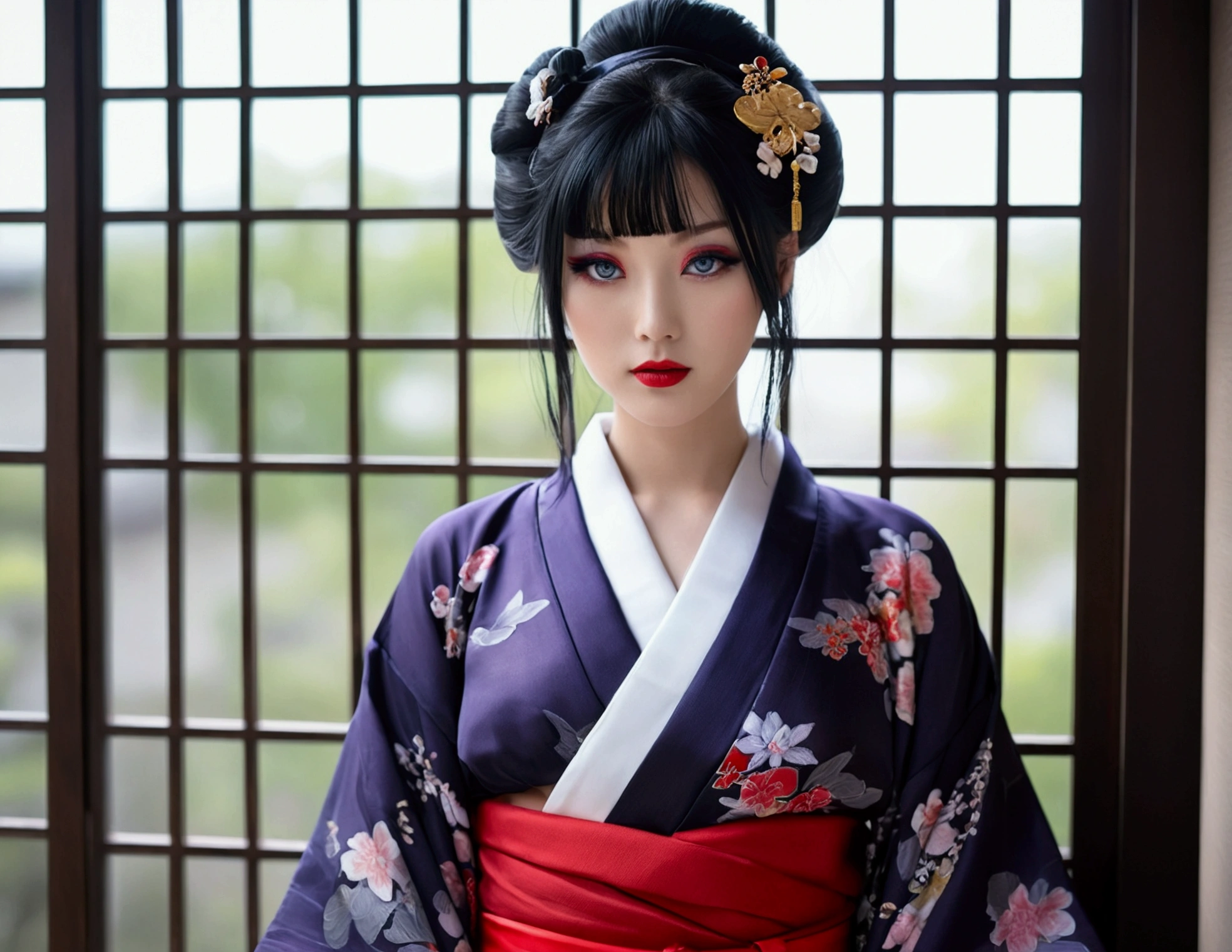 1 girl, alone, looking at the viewer, blue eyes, black hair, hair ornaments, Upper body, kimono, kimono, sash, compensate, lipstick, red nails, red lips, Hairpin,silk stockings ,See-through hakama, dark purple eyes, , See-Through,Black face veil , black nylon , silk stockings ,See-through hakama、透けた黒い色のkimono ,sheer ,enamel high heels,pearl necklace,red collar,straight, shortcut, hair ornaments