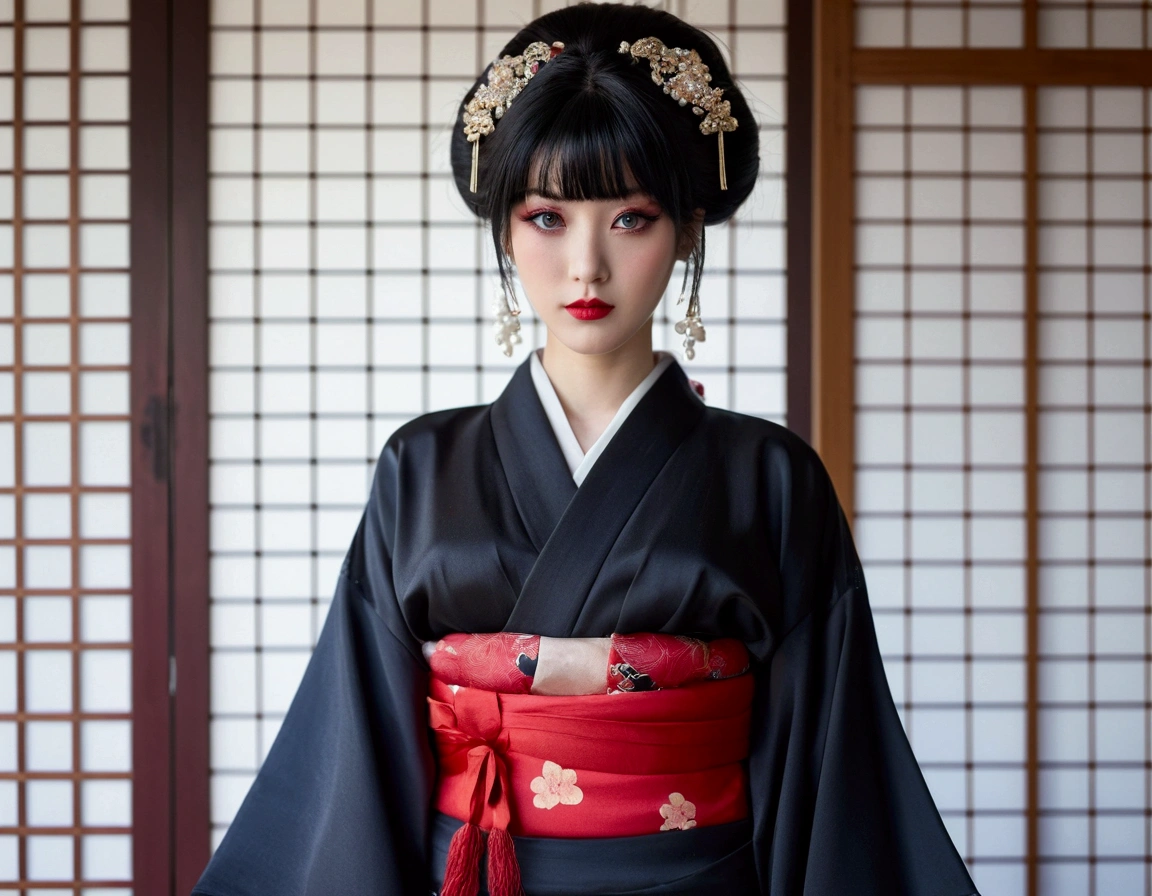 1 girl, alone, looking at the viewer, blue eyes, black hair, hair ornaments, Upper body, kimono, kimono, sash, compensate, lipstick, red nails, red lips, Hairpin,silk stockings ,See-through hakama, dark purple eyes, , See-Through,Black face veil , black nylon , silk stockings ,See-through hakama、透けた黒い色のkimono ,sheer ,enamel high heels,pearl necklace,red collar,straight, shortcut, hair ornaments