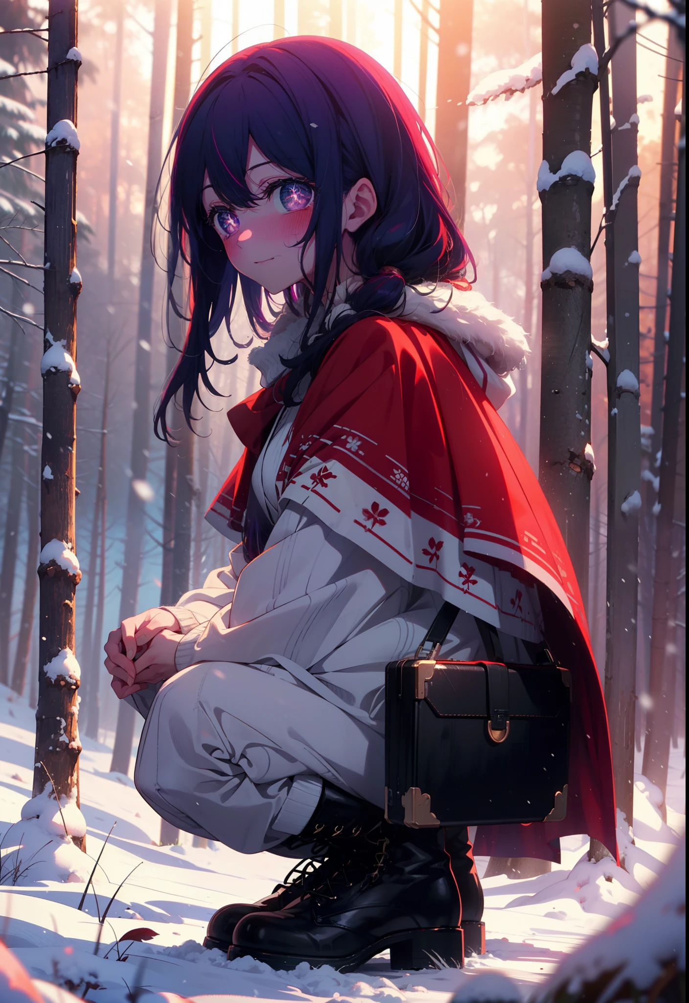 aihoshino, Ai Hoshino, Long Hair, bangs, (Purple eyes:1.1), Purple Hair, (Symbol-shaped pupil:1.5), smile,,smile,blush,white breath,
Open your mouth,snow,Ground bonfire, Outdoor, boots, snowing, From the side, wood, suitcase, Cape, Blurred, , forest, White handbag, nature, Squat, Mouth closed, Cape, winter, Written boundary depth, Black shoes, red Cape break looking at viewer, Upper Body, whole body, break Outdoor, forest, nature, break (masterpiece:1.2), Highest quality, High resolution, unity 8k wallpaper, (shape:0.8), (Beautiful and beautiful eyes:1.6), Highly detailed face, Perfect lighting, Extremely detailed CG, (Perfect hands, Perfect Anatomy),