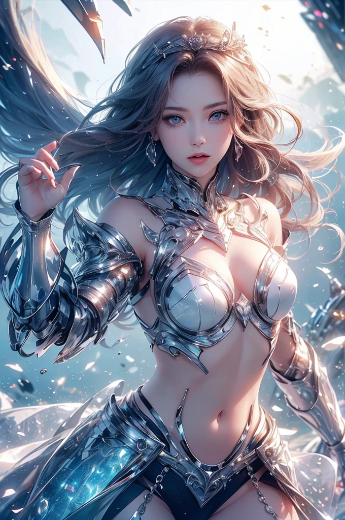 (((Tabletop))), (((Highest quality))), ((Very detailed)), (Very detailed写真), ((Very delicate and beautiful)),(Cute delicate face),here is a digital art of a very futuristic looking female that has armor and armss, One girl, arms, alone, sf, Holding, Holding arms, robot,Beautiful face and eyes, double eyelid,Delicate skin,Slim figure