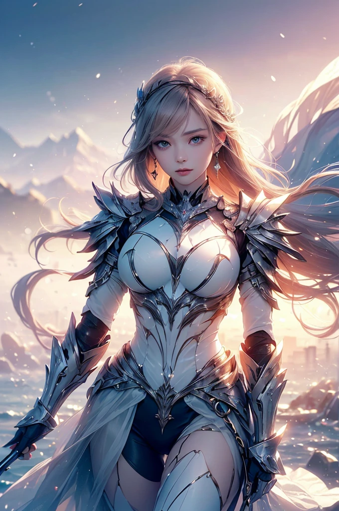 (((Tabletop))), (((Highest quality))), ((Very detailed)), (Very detailed写真), ((Very delicate and beautiful)),(Cute delicate face),here is a digital art of a very futuristic looking female that has armor and armss, One girl, arms, alone, sf, Holding, Holding arms, robot,Beautiful face and eyes, double eyelid,Delicate skin,Slim figure