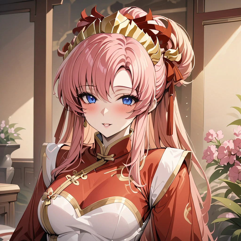 ((Highest quality)), ((masterpiece)), (detailed), (Perfect Face)、The woman with the appearance and hairstyle of an ancient Chinese empress is Lacus Clyne, with blue eyes, semi-long pink hair, wearing a gorgeous red ancient Chinese empress outfit with gold embroidery and trim, a gorgeous empress headdress, and her hair is styled like an ancient Chinese empress.