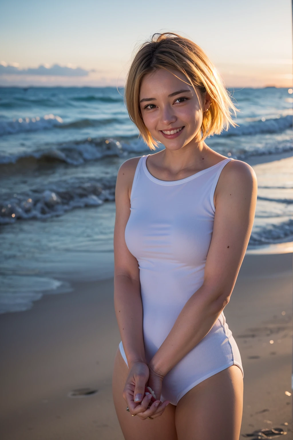 Top quality, 1 beautiful woman, super short hair, Gold hair, shy smile, sunset, at beach