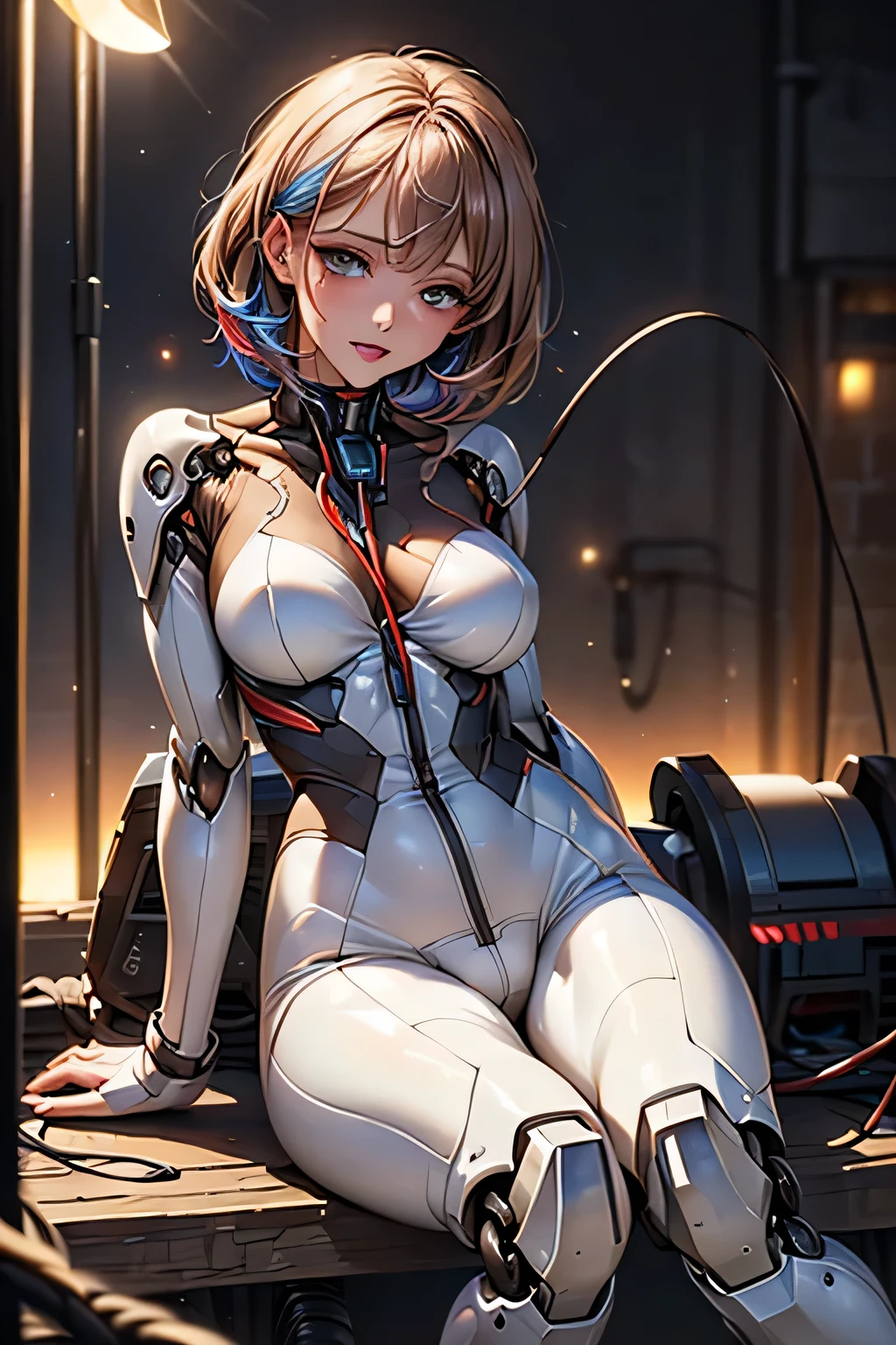 (((Sparks fly))), (((Highest quality))), ((Very detailedな)), (High-definition CG illustrations), ((Very delicate and beautiful)), Cinematic Light,((1 Mecha Woman)),alone,mature,(Ahegao),Big and ample breasts,Plump, whole body,(Machine made joints:1.2),((Mechanical marginal vessels connected to tubes),((Cervical vertebrae mechanically attached to the neck)),(((The crotch is open))),(Sitting),(wires and cables around the neck:1.2),(Overhead Wires and Cables:1.2)(Character Focus),sf,((Very detailed,colorful)),Best details, ((background:Basement for storing electronic devices))
