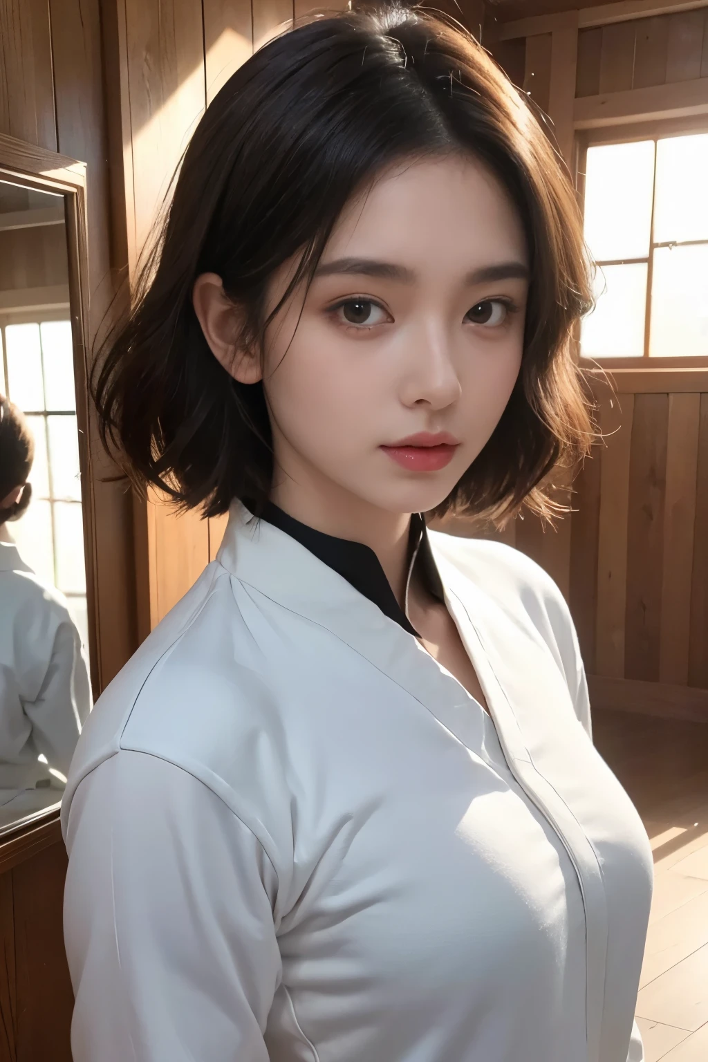 a beautiful young woman, short wavy hair, wearing long sleeved karate suit, gloves, at sport hall, (best quality,4k,8k,highres,masterpiece:1.2),ultra-detailed,(realistic,photorealistic,photo-realistic:1.37),1girl,detailed eyes,detailed nose,detailed lips,long eyelashes,athletic,focused expression,martial arts,karate pose,sports hall interior,wooden floor,mirrors on walls,natural lighting