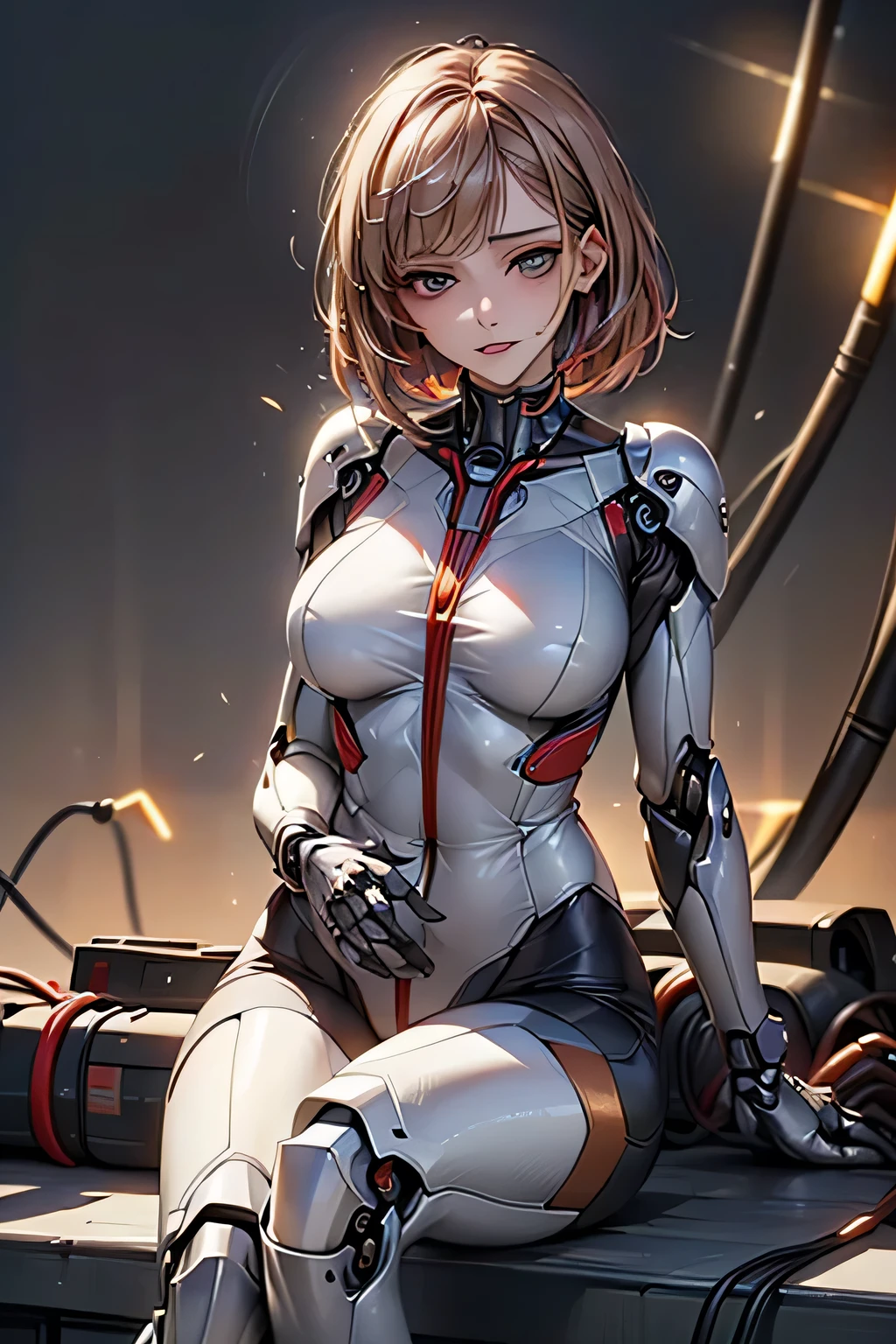 (((Sparks fly))), (((Highest quality))), ((Very detailedな)), (High-definition CG illustrations), ((Very delicate and beautiful)), Cinematic Light,((1 Mecha Woman)),alone,mature,(Ahegao),Big and ample breasts,Plump, whole body,(Machine made joints:1.2),((Mechanical marginal vessels connected to tubes),((Cervical vertebrae mechanically attached to the neck)),(((The crotch is open))),(Sitting),(wires and cables around the neck:1.2),(Overhead Wires and Cables:1.2)(Character Focus),sf,((Very detailed,colorful)),Best details, ((background：Basement for storing electronic devices))