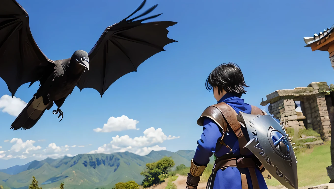 Dragon Quest、Peaceful scenery、、A black-haired hero with a sword and shield、Fighting with a crow standing on a skull