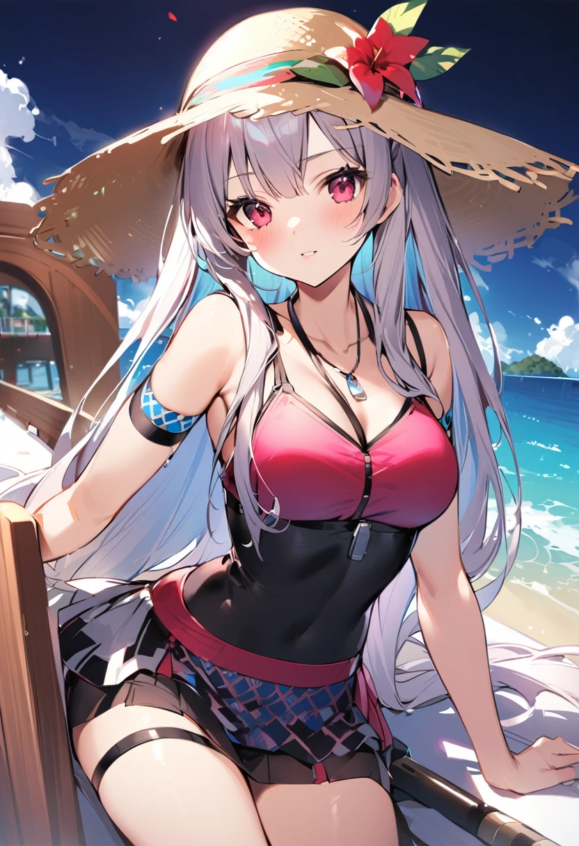 Twin-gun chan、Island Breeze(Kantai Collection)、1 female、solo、Long Hair、chest、Viewer's perspective、blush、skirt、Blonde、Big Breasts、Simple Background、hair ornaments、Knee socks、gloves、White background、belly button、Hair between the eyeouth closed、underwear、、clavicle、Yellow Eyes、プリーツskirt、hair band、Sailor suit、No sleeve、Elbow Gloves、stripe、白いgloves、ミニskirt、Sailor collar、青いskirt、Crop top、Wet、neckerchief、Side bust、Skin Dentition、High leg、黒いhair band、青いSailor collar、stripeKnee socks、別のchestのサイズ、マイクロskirt、黒いneckerchief、錨のhair ornaments