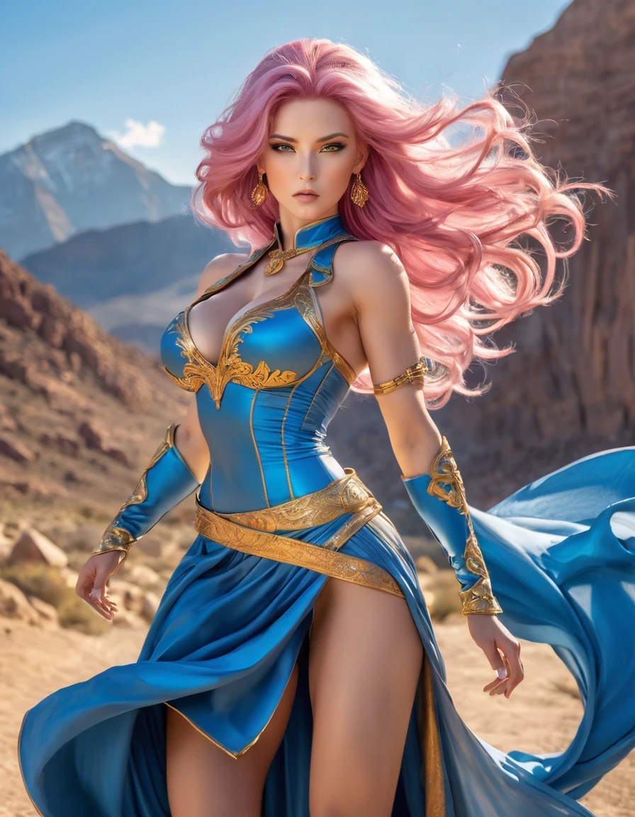 BEAUTIFUL PINK HAIR BOMBSHELL FEMALE GODDESS IN A LONG SPLIT BLUE DRESS,  HUGE LONG HAIR,  VOLUMOUS HAIR, WIND EFFECT, LIGHT GRAY EYES, PALE SKYN, HIGH CHEEKBONES, ROSY CHEEKS, MENTAL FORAMEN, SERIOUS FACE EXPRESSION, NECKLINE CLEAVAGE, LONG SPLIT BLUE DRESS, EXPOSED GORGEOUS THIGHS,  GOLDEN DETAILS, GOLD HEADBAND, GOLD GAUNTLETS, LONG GOLDEN GAUNTLETS, GOLD CHOKE COLLAR, GOLD SANDALS, STRONG ATHLETIC BODY, MUSCLES, ARMS, DETAILED DELTOIDS, THICK GORGEOUS EXPOSED THIGHS, DETAILED QUADRICEPS, ABDOMEN, DEEP DESERT, ROCKY MOUNTAINS, SUN, BACKLIGHTS, MASTERPIECE, ACCURATE IMAGE