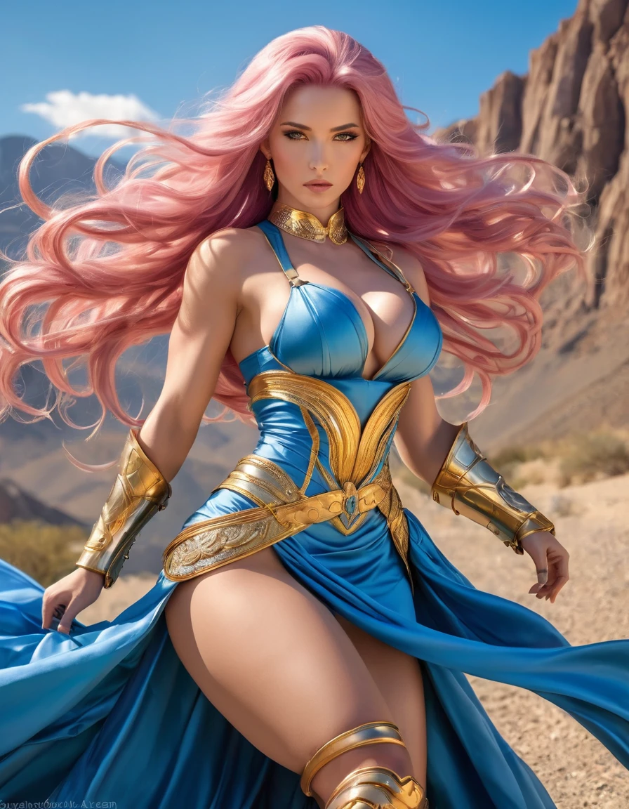 BEAUTIFUL PINK HAIR BOMBSHELL FEMALE GODDESS IN A LONG SPLIT BLUE DRESS, HUGE LONG HAIR, VOLUMOUS HAIR, WIND EFFECT, LIGHT GRAY EYES, PALE SKYN, HIGH CHEEKBONES, ROSY CHEEKS, MENTAL FORAMEN, SERIOUS FACE EXPRESSION, NECKLINE CLEAVAGE, LONG SPLIT BLUE DRESS, EXPOSED GORGEOUS THIGHS, GOLDEN DETAILS, GOLD HEADBAND, GOLD GAUNTLETS, LONG GOLDEN GAUNTLETS, GOLD CHOKE COLLAR, GOLD SANDALS, STRONG ATHLETIC BODY, MUSCLES, ARMS, DETAILED DELTOIDS, THICK GORGEOUS EXPOSED THIGHS, DETAILED QUADRICEPS, ABDOMEN, DEEP DESERT, ROCKY MOUNTAINS, SUN, BACKLIGHTS, MASTERPIECE, ACCURATE IMAGE