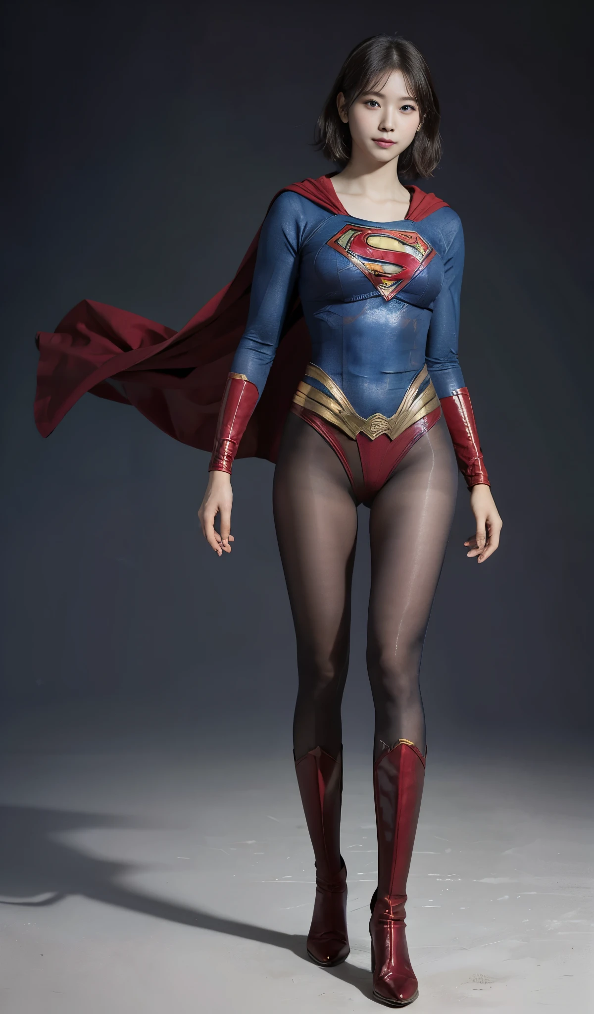 No background、(((Beautiful legs in black tights.)))、(((Legally express the beauty of your smile)))、((((Make the most of your original images)))、(((Supergirl Costume)))、(((Beautiful short bob hair)))、(((suffering)))、(((Please wear black tights....、Wear red boots)))、((Best image quality、8k))、((Highest quality、8k、masterpiece:1.3))、(((Preserve background )))、Sharp focus:1.2、Beautiful woman with perfect figure:1.4、Slim Abs:1.2、Wet body:1.5、Highly detailed face and skin texture、8k