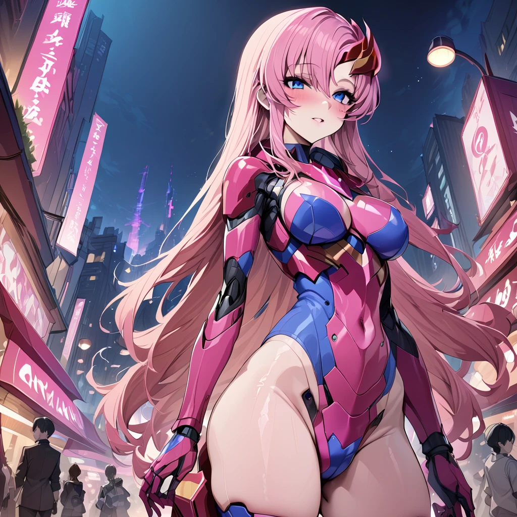 ((Highest quality)), ((masterpiece)), (detailed), （Perfect Face）、The cyborg woman with a mechanical body is Lacus Clyne, a beautiful female warrior with blue eyes, semi-long pink hair, and a cyborg body that is mechanical except for her head.、There is a female cyborg in the city of the near future at night.