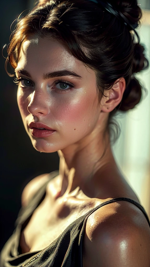 (((ultra realistic))) Photo, masterpiece, top quality, (pale skin), (Ultra detailed face and eyes:1.3), Indian 1 girl, in a beautiful black(goldon embroidery)dress, (Eye makeup, mascara) , (a close up portrait of a beautiful woman with long brown messy bun, curly hair), wearing a black dress, gorgeous detailed face, extremely beautiful delicate features, piercing eyes, luscious lips, flawless skin, stunning portrait, high quality, cinematic lighting, photorealistic, masterpiece, dramatic depth of field, soft elegant expression, elegant and serene, professional portrait photography, beautiful model, gorgeous female portrait, incredible realismof field, bokeh, (special attention to skin detail: 1.2), Detailed leather texture, skin pores. ((side angle portrait, viewing towards the camera)) , ultra detialed, soft elegantly day light:1.2